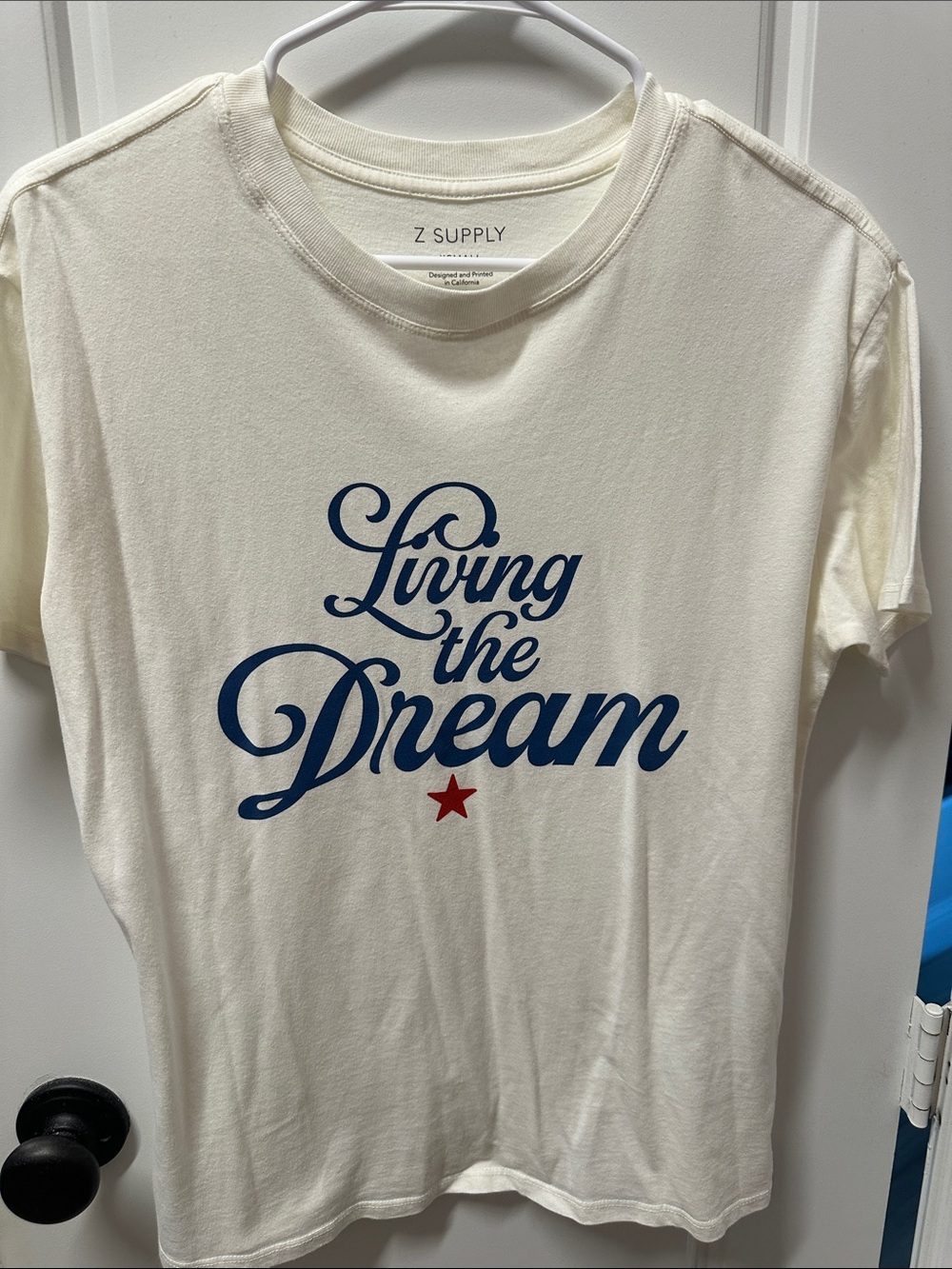 Z Supply Cream Tee with Navy Script & Red Star